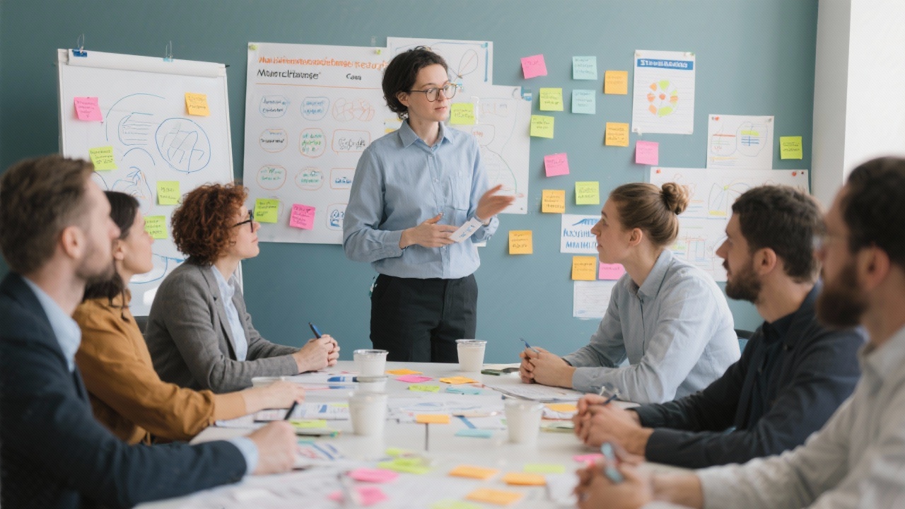 Cross-functional team participating in structured change workshop with facilitator guiding through canvases and sticky notes