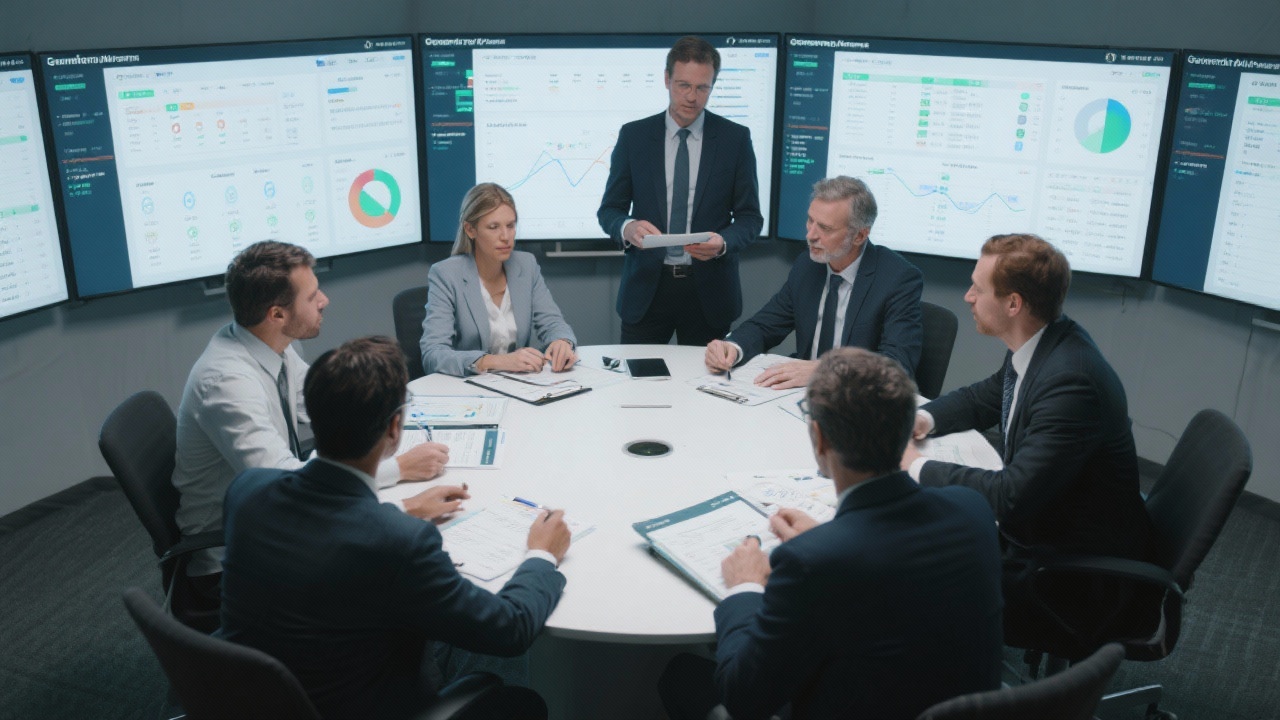 Executives collaborating with consultants around a round table reviewing governance dashboards and decision logs