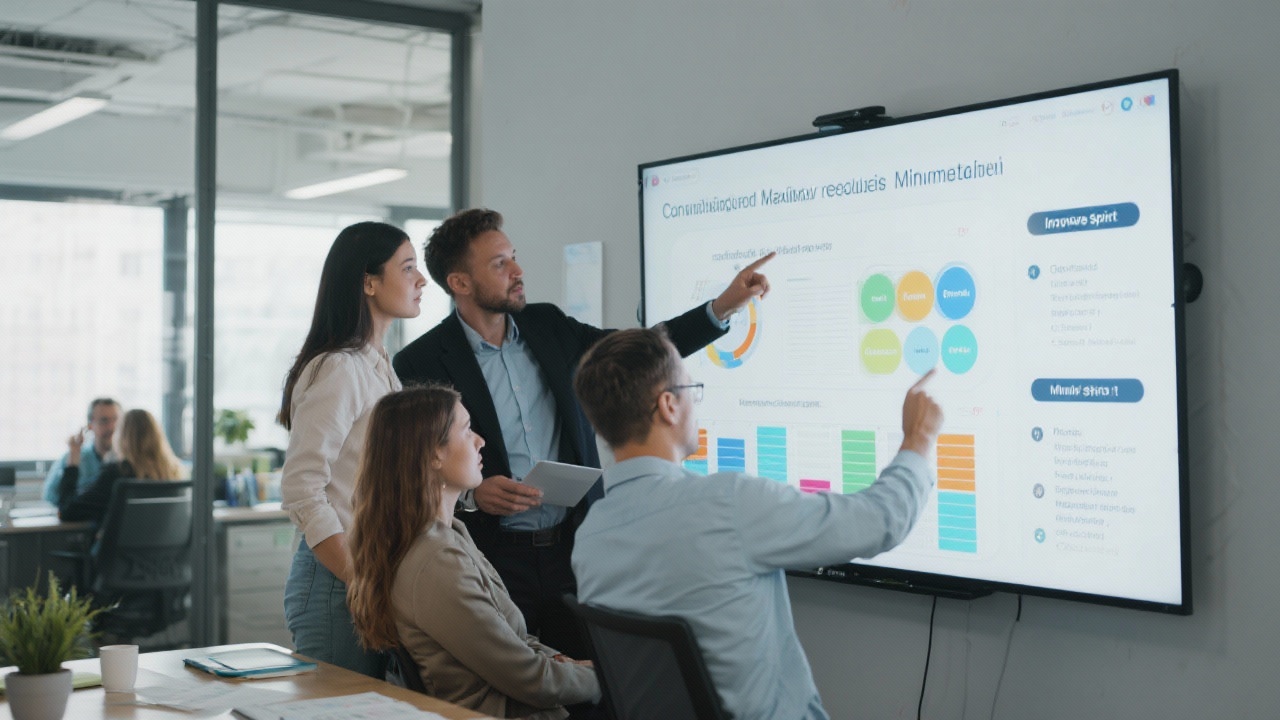 Consulting team reviewing innovation sprint results on digital boards in collaborative workspace