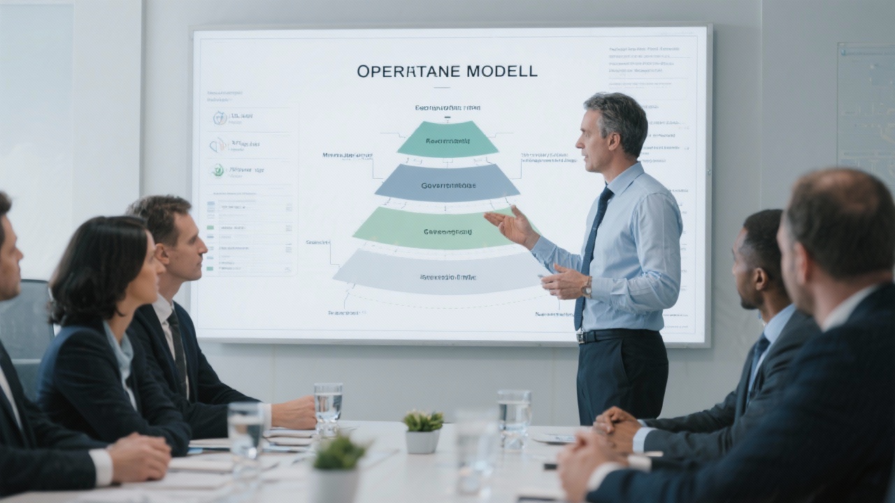 Senior consultant presenting operating model blueprint with layered governance diagram to leadership board