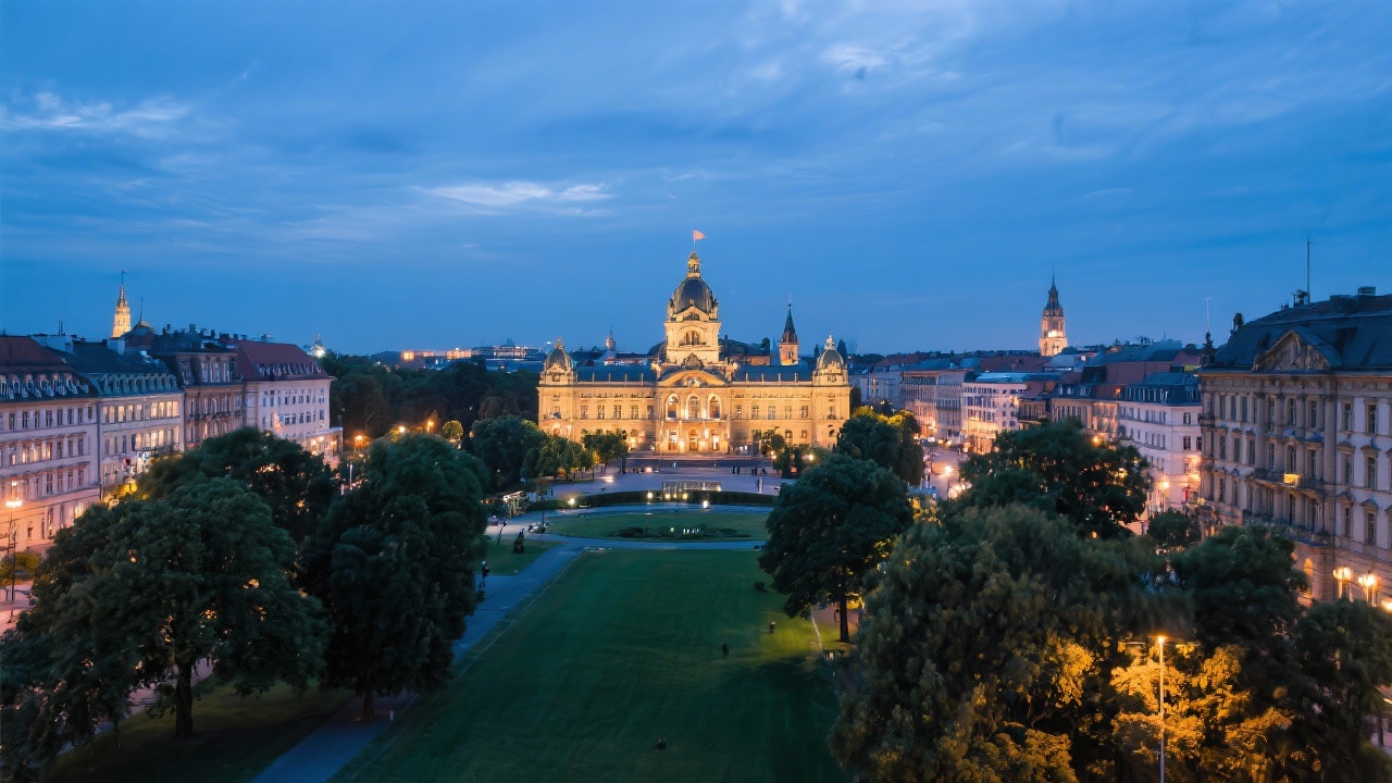 View over Wiesbaden Kurhaus and surrounding historic buildings during blue hour with gentle evening lights and trees in the foreground